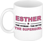 Naam cadeau Esther - The woman, The myth the supergirl koffie mok / beker 300 ml - naam/namen mokken - Cadeau voor o.a verjaardag/ moederdag/ pensioen/ geslaagd/ bedankt