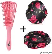 Roze Anti-klit Haarborstel + Zwarte bloemen satijnen slaapmuts | Detangler brush | Detangling brush | Satin cap / Hair bonnet / Satijnen nachtmuts / Satin bonnet | Kam voor Krullen | Kroes haar borstel