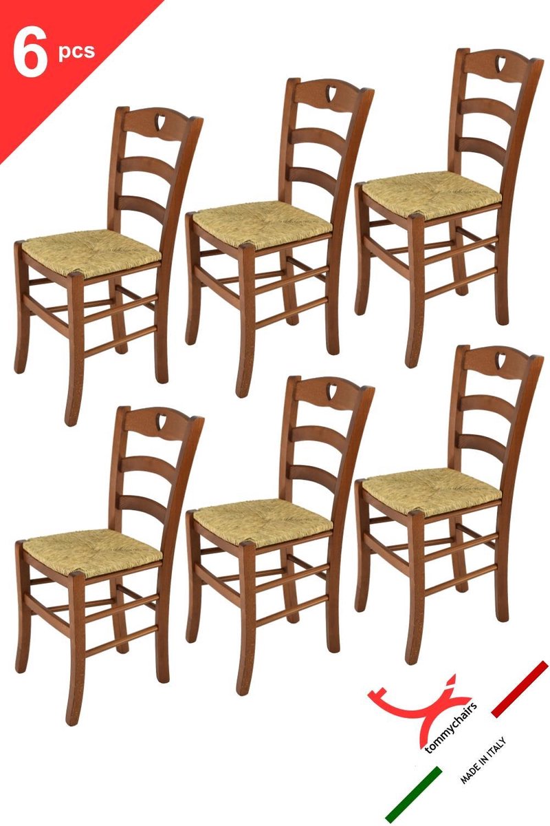 Tommychairs Cuore - Eetkamerstoelen - Set van 6 - Licht Walnoot - Rotan