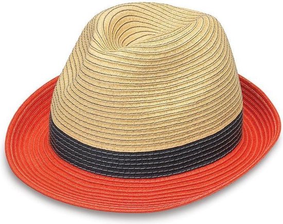 Stevie Trilby Ladies & Mens Sun Hat - finement tressé 100% fibre naturelle - Taille: 58cm - Couleur: Ivoire / Zwart/ Oranje