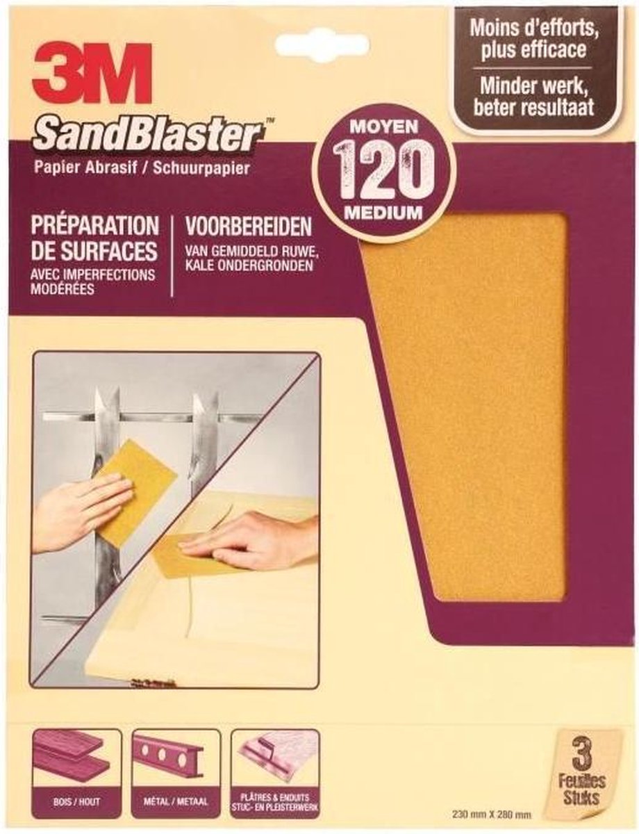 3M™ SandBlaster™ Schuurpapier vellen, 69019, Paars, 23 cm x 28 cm, P120, 3 vellen
