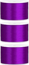 3x Hobby/decoratie paars satijnen sierlinten 3,8 cm/38 mm x 25 meter - Cadeaulint satijnlint/ribbon - Paarse linten - Hobbymateriaal benodigdheden - Verpakkingsmaterialen