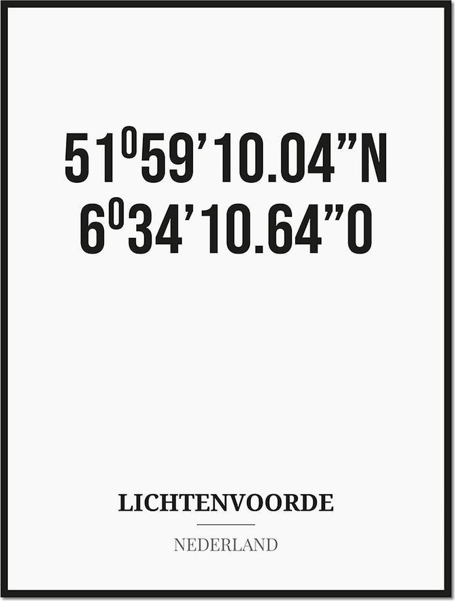 Studio216 Poster/kaart LICHTENVOORDE met coördinaten zwart, wit