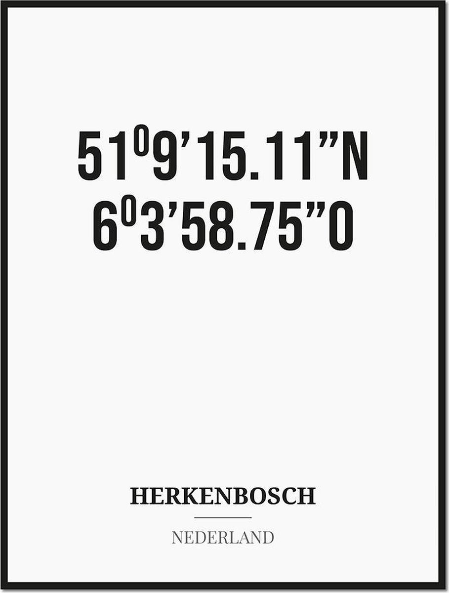 Studio216 Poster/kaart HERKENBOSCH met coördinaten zwart, wit