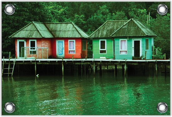 Tuinposter –Gekleurde Huisjes aan Steiger– 90x60 Foto op Tuinposter (wanddecoratie voor buiten en binnen)
