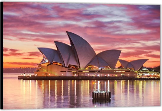 Dibond – Opera House bij Zonsondergang Sydney - Australië– 150x100 Foto op Aluminium (Met Ophangsysteem)
