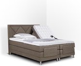 Boxspring Neo compleet, merk Olympic Life, elektrisch verstelbaar, 140 x 210 cm, bruin, 18-delig met ruiten motieven hoofdbord