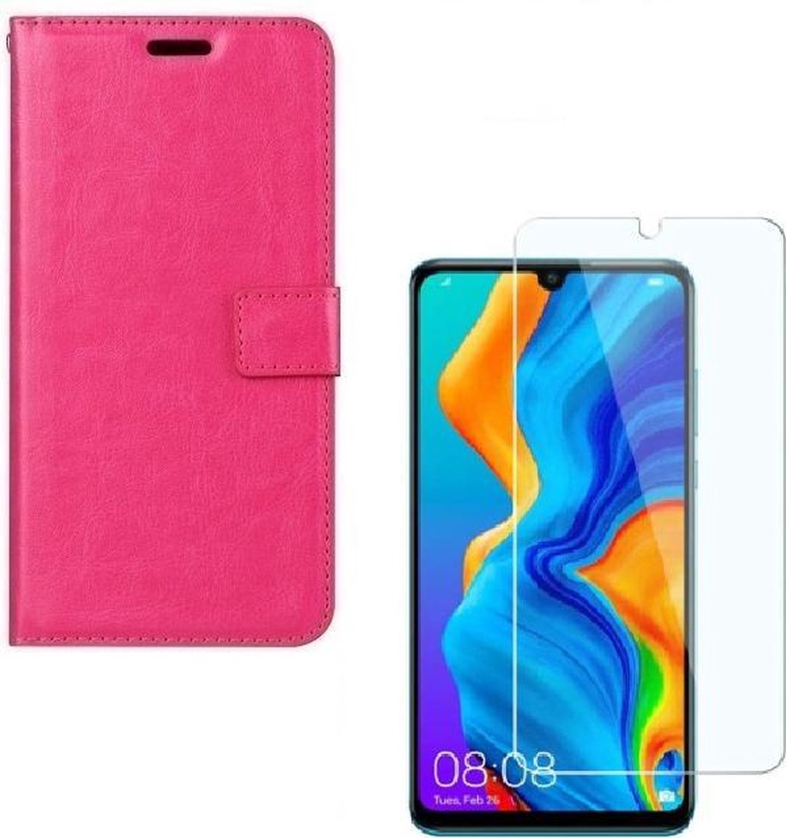 hoesje Geschikt voor: Huawei P30 Portemonnee roze met 2 stuks Glas Screen protector