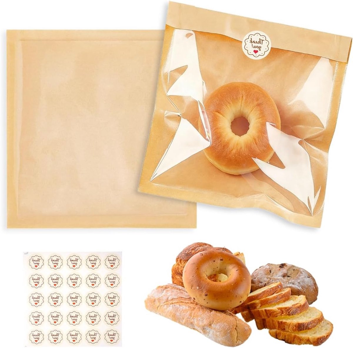 100 Stuks Kraft Papieren Voedselzakken met Venster, 18x19cm, Voor Brood, Snacks en Gebak, Vetbestendige Afhaalzakken