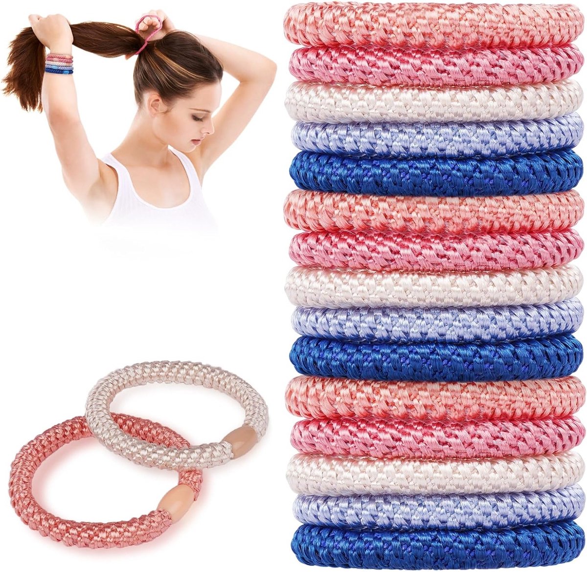 15 Stuks Elastische Haarstrikken voor Vrouwen en Meisjes - Roze en Blauw, Katoen, Weefsel, Zacht, Beschadigt het Haar Niet - Geschikt voor Diverse Haartypes en Stijlen