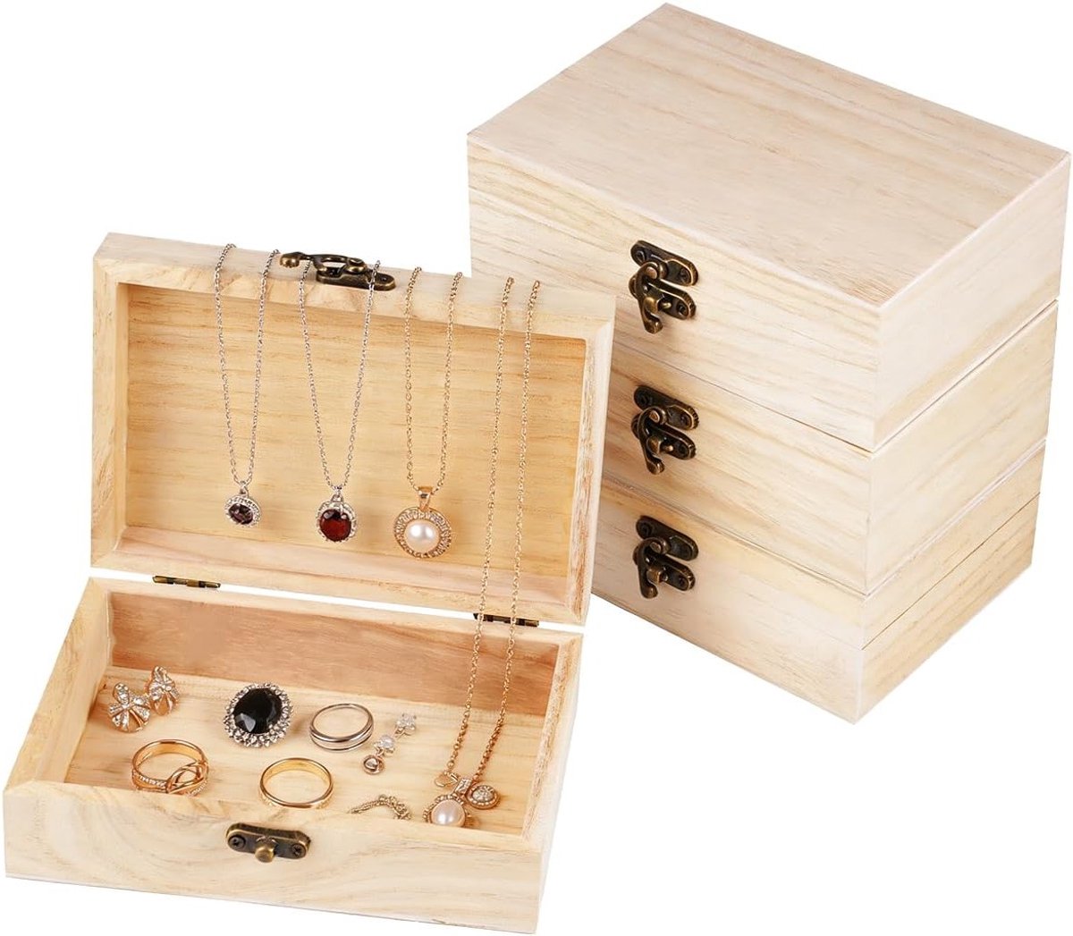 Houten Opbergdozen met Deksel - 4 Stuks, 15x10x5cm, Ideaal voor Sieraden, DIY Projecten en Cadeauverpakking