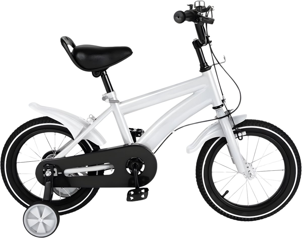Happiq Kinderfiets – Voor kinderen – 14 inch (35 6 cm) rubberen banden verstelbare PU-zitting en kettingkast – White