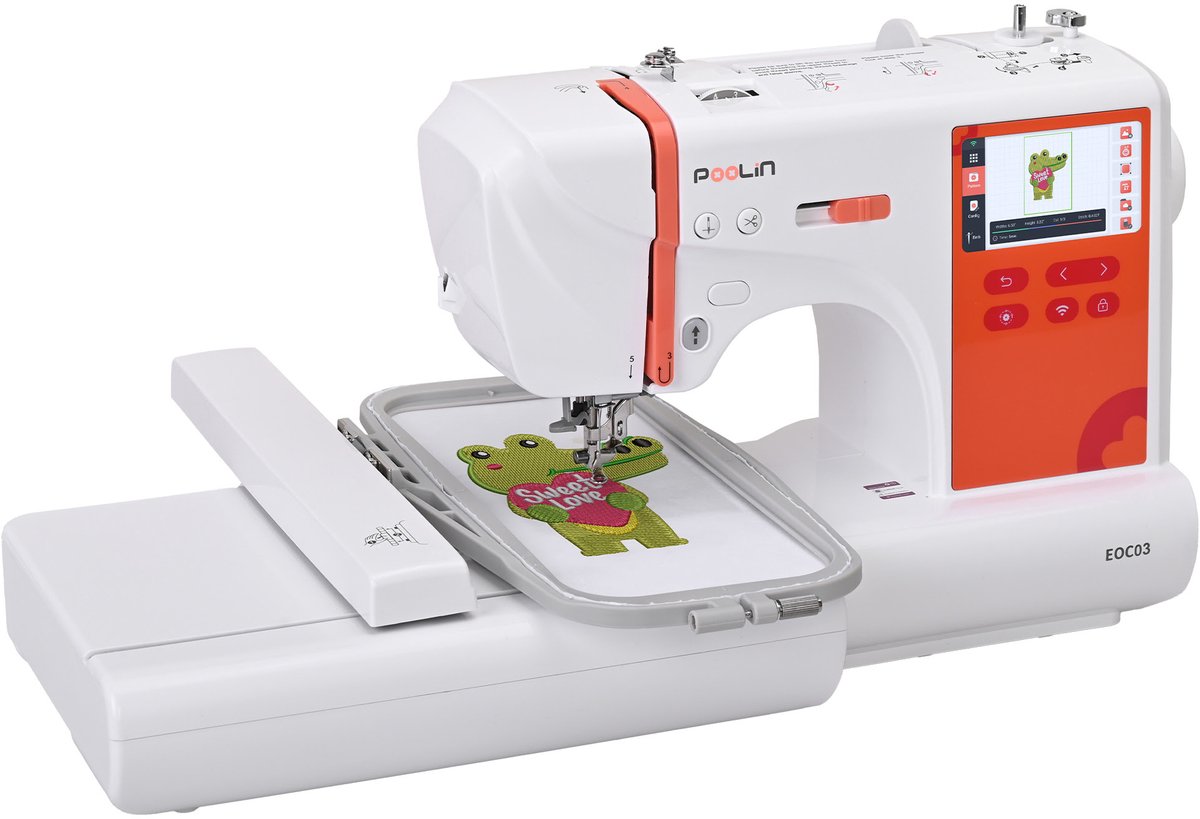 PooLin - EOC03 Embroidery Machine - Borduurmachine - Personaliseer truien, hemden, tshirts en meer - 4,3″ LCD-touchscreen - borduurringen 10×10 cm en 10×23,5 cm, patroonimport via USB/Wi-Fi - ideaal voor beginners en gevorderden.