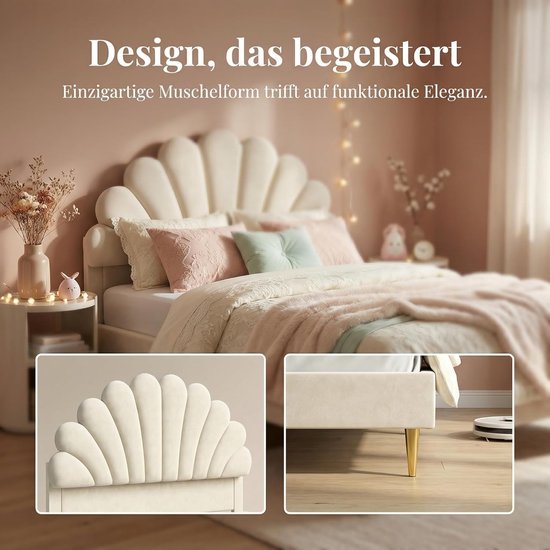 Gestoffeerd Tweepersoonsbed 140x200 cm – Luxe Fluwelen Bedframe met Bloemen Hoofdeinde & Lattenbodem – Stevig MDF Bed tot 250 kg Draagvermogen – Beige Design Bed voor Volwassenen & Tieners