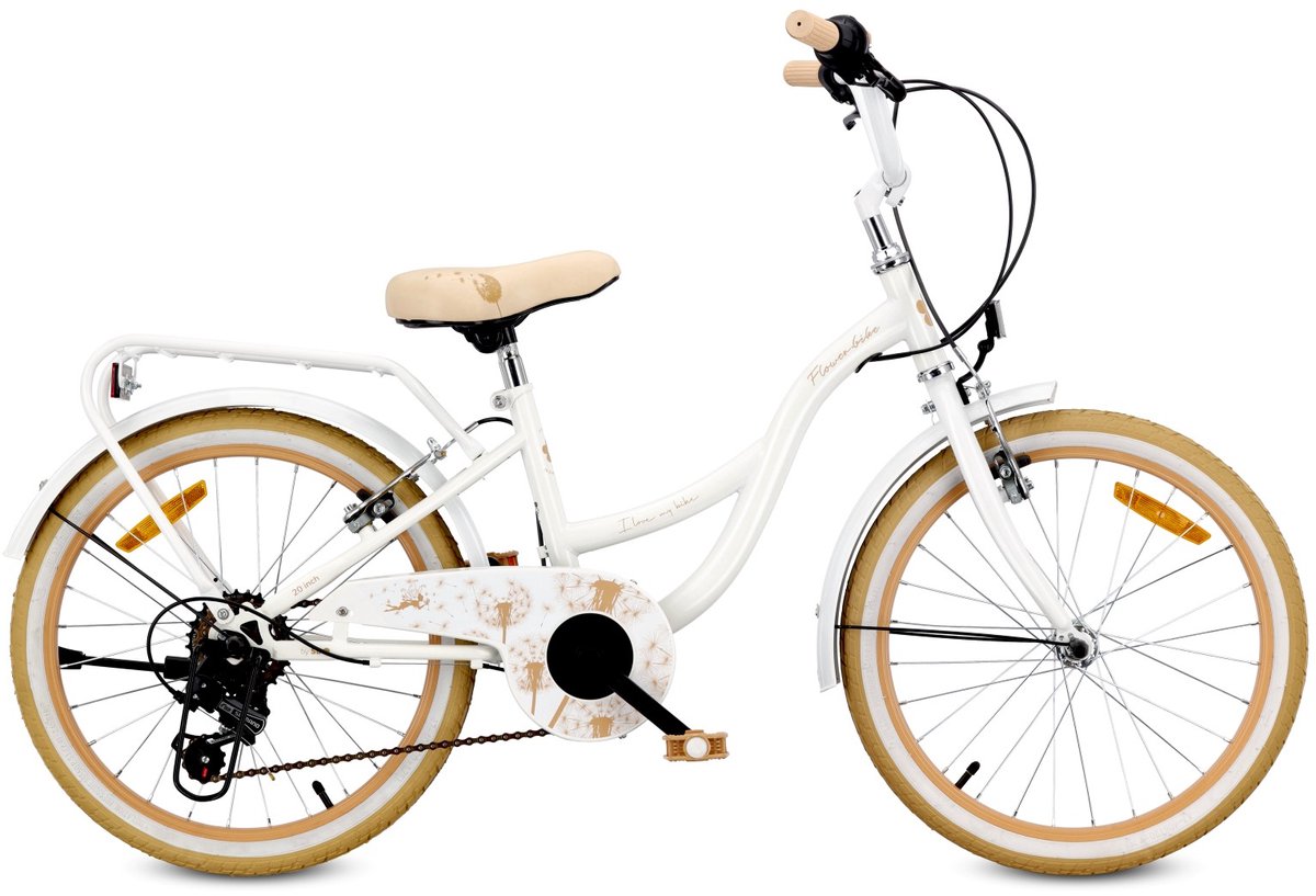 Flower Bike Fiets voor een meisje van 6 tot 10 jaar, 20 inch Wit Beige, 6 versnellingen Shimano, kinderfiets in hoogte verstelbaar