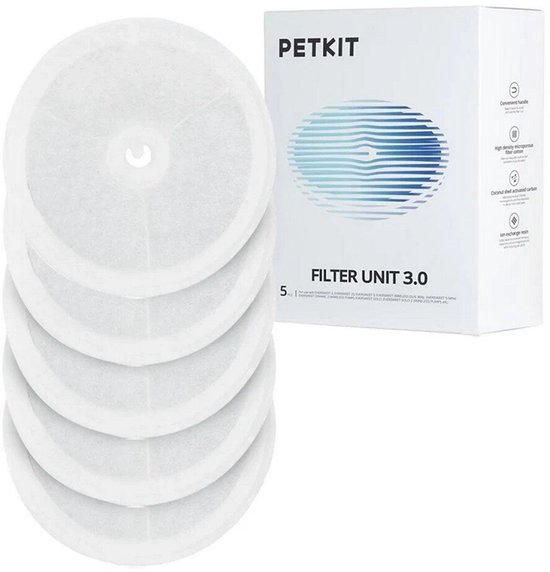 PETKIT doos met 'FILTER UNIT 3.0' en vijf witte, ronde filters met centraal gat.