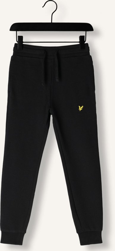 Zwarte joggingbroek voor jongens met trekkoord in de taille en het geelarende logo op de linkerbil.