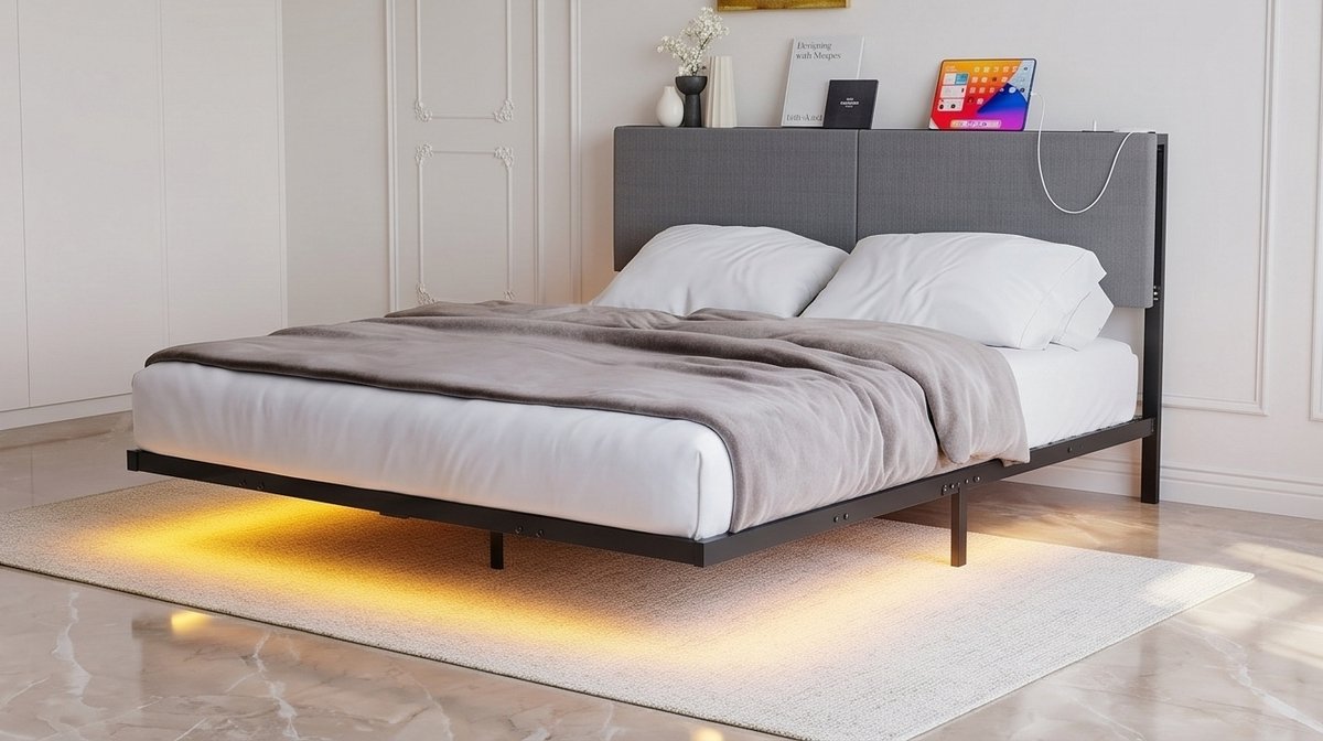 Luxe Gestoffeerd Bedframe met Verstelbaar Hoofdbord 140x200 cm – Houten Lattenbodem, Linen