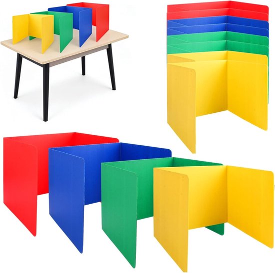Groupe de paravents en U rouges, bleus, verts et jaunes sur une table et sur fond blanc.