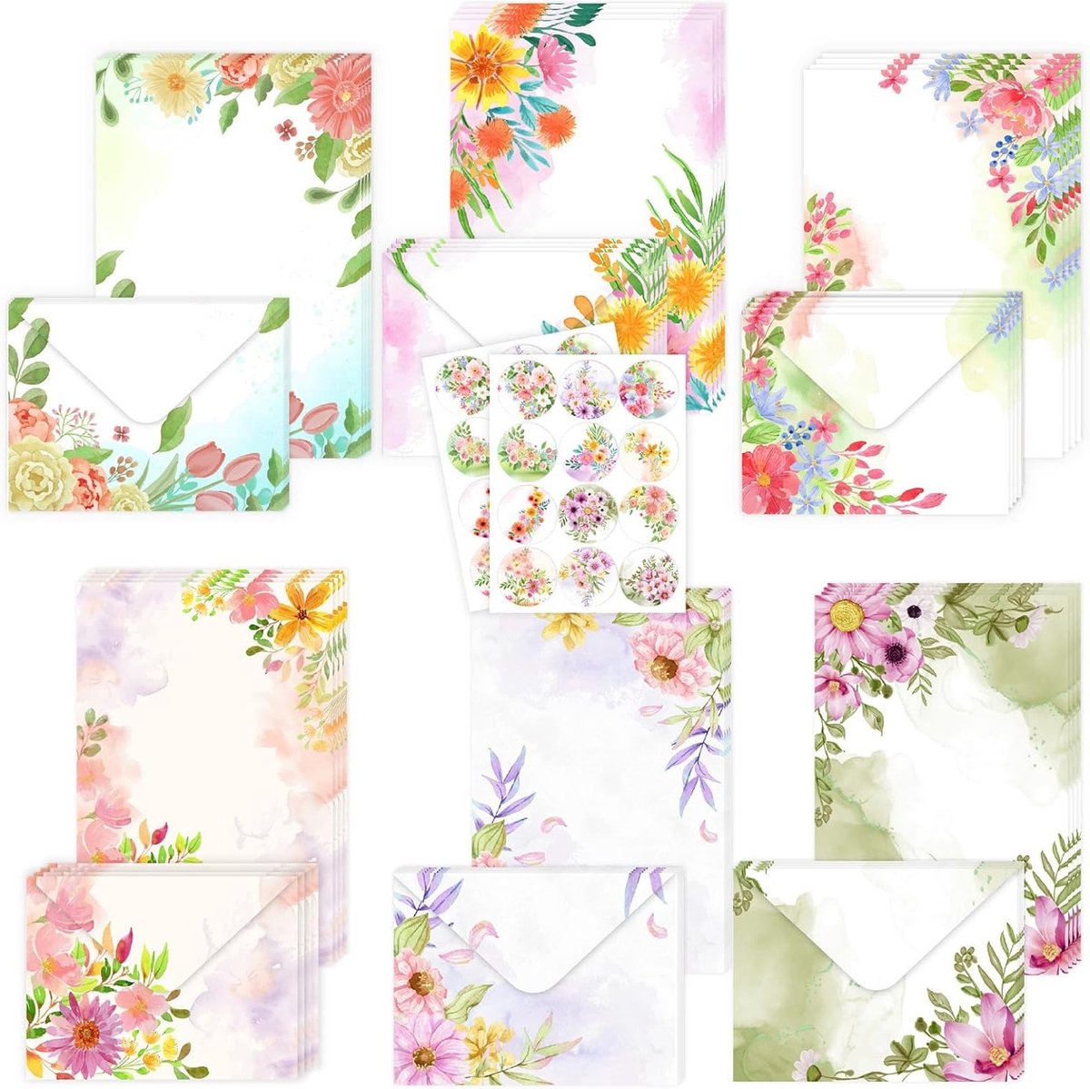 Complete Set van 72 Stuks Stationery met Watercolor Papier, Enveloppen en Kleurrijke Stickers voor Thuis, Kantoor en School met Bloemenmotief