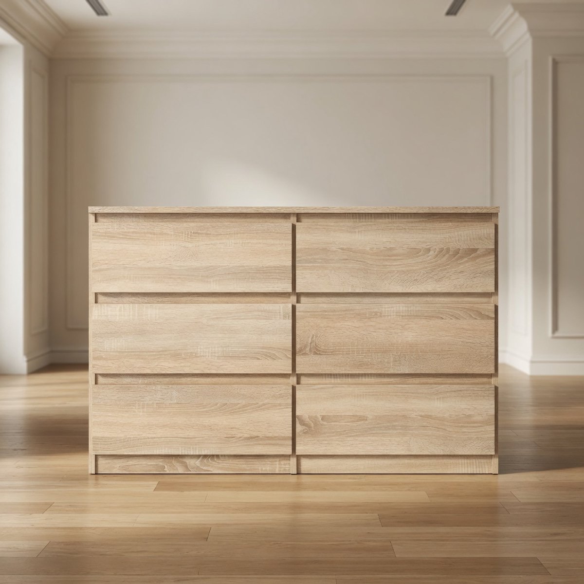 Moderne Dressoir Kast 120 cm met 6 Laden Sonoma Eiken – Ladekast / Commodekast / Opbergkast voor Woonkamer, Slaapkamer en Hal – 120x78,5x39 cm – Mobili Bella