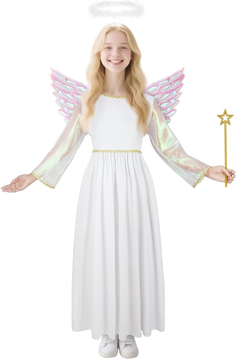 Meisjes Engel Kostuum met Toverstaf, Vleugels en Halo - Perfect voor Kerst, Doop en Carnaval