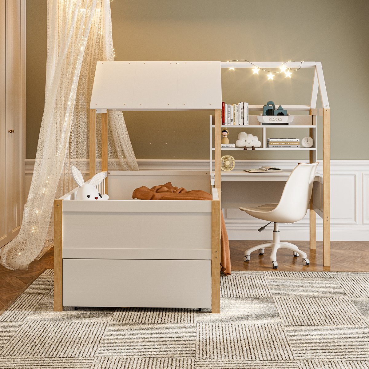 VVBV Huisbed 90x200 cm met Voor Kinderen/Tieners, Huisdesign - Uitvalbeveiliging, Lattenbodem, Planken - Massief Hout Wit Beige