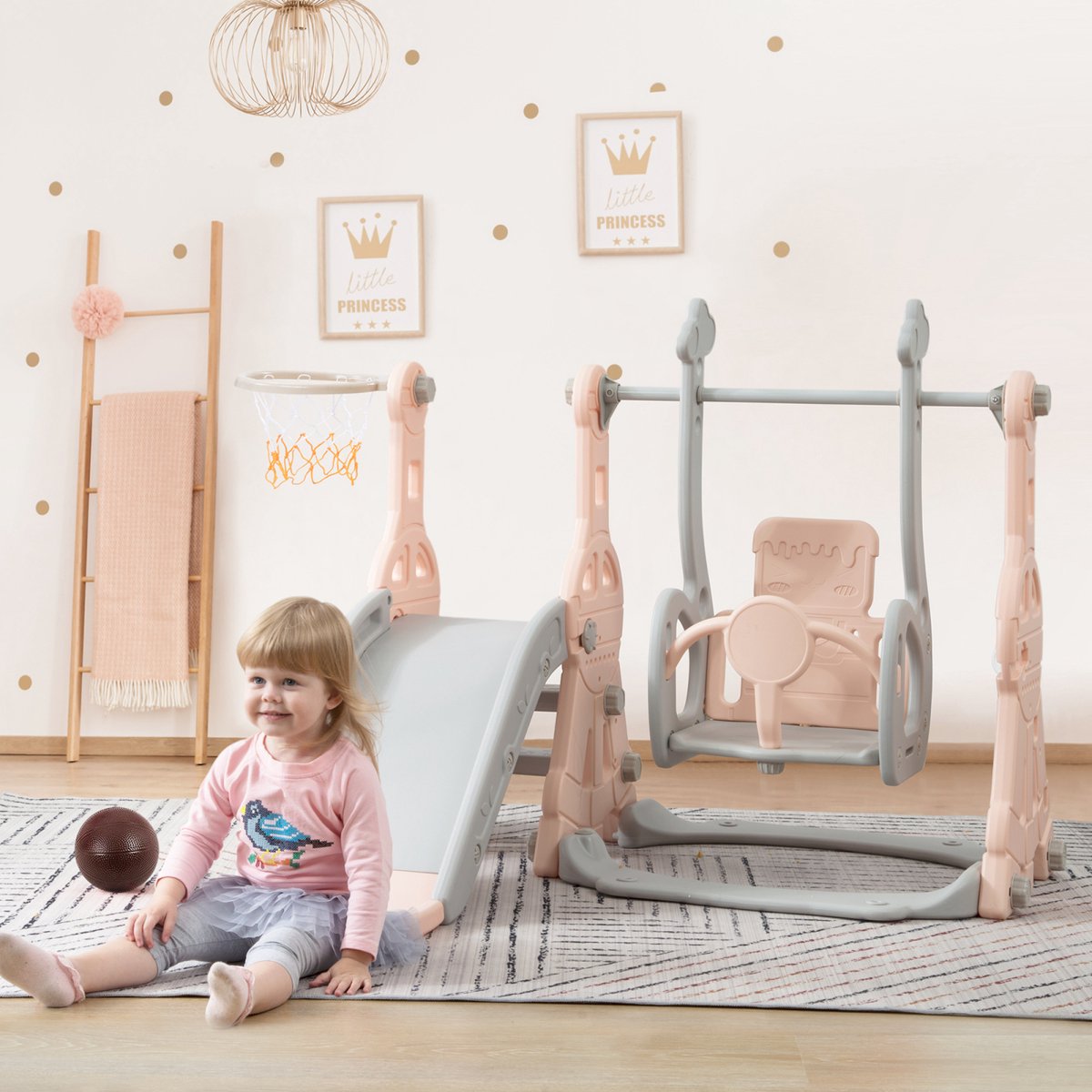 Kinderglijbaan, 4-in-1 kinderglijbaan met schommel en basketbalstandaard, klimladder, schommelglijbaan, tuinglijbaan, speelgoed, kinderglijbaan voor binnen en buiten