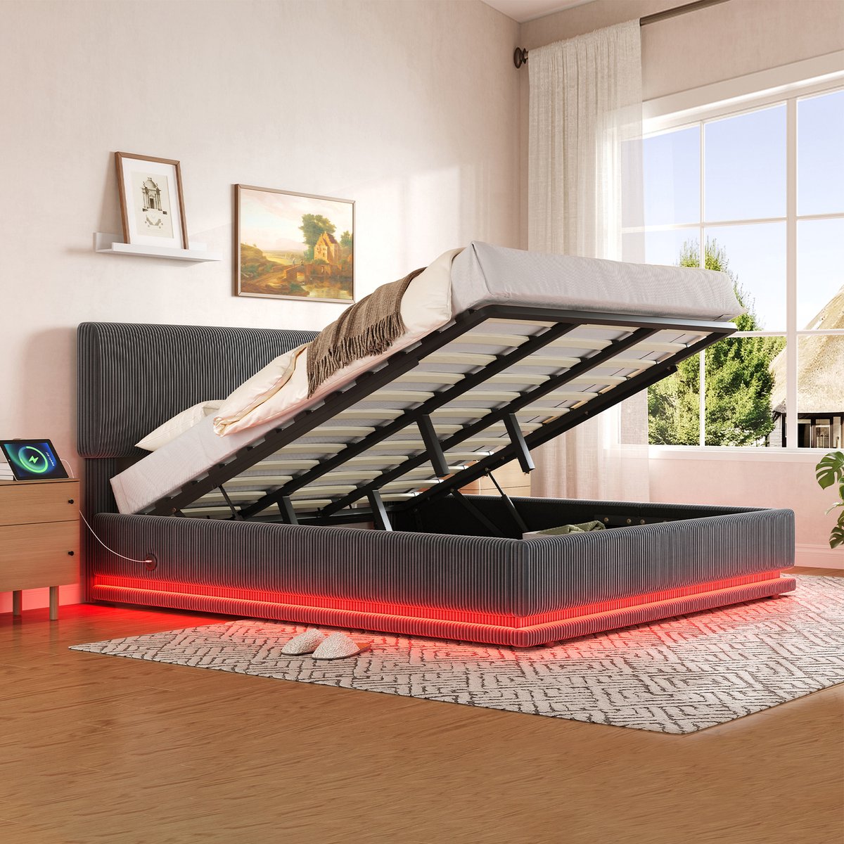 VVBV Bed met opbergruimte 180x200 / Tweepersoonsbed 180x200 – met LED-Verlichting, USB, USB-C, Stopcontact, Lattenbodem – In Hoogte Verstelbaar Hoofdbord Gray