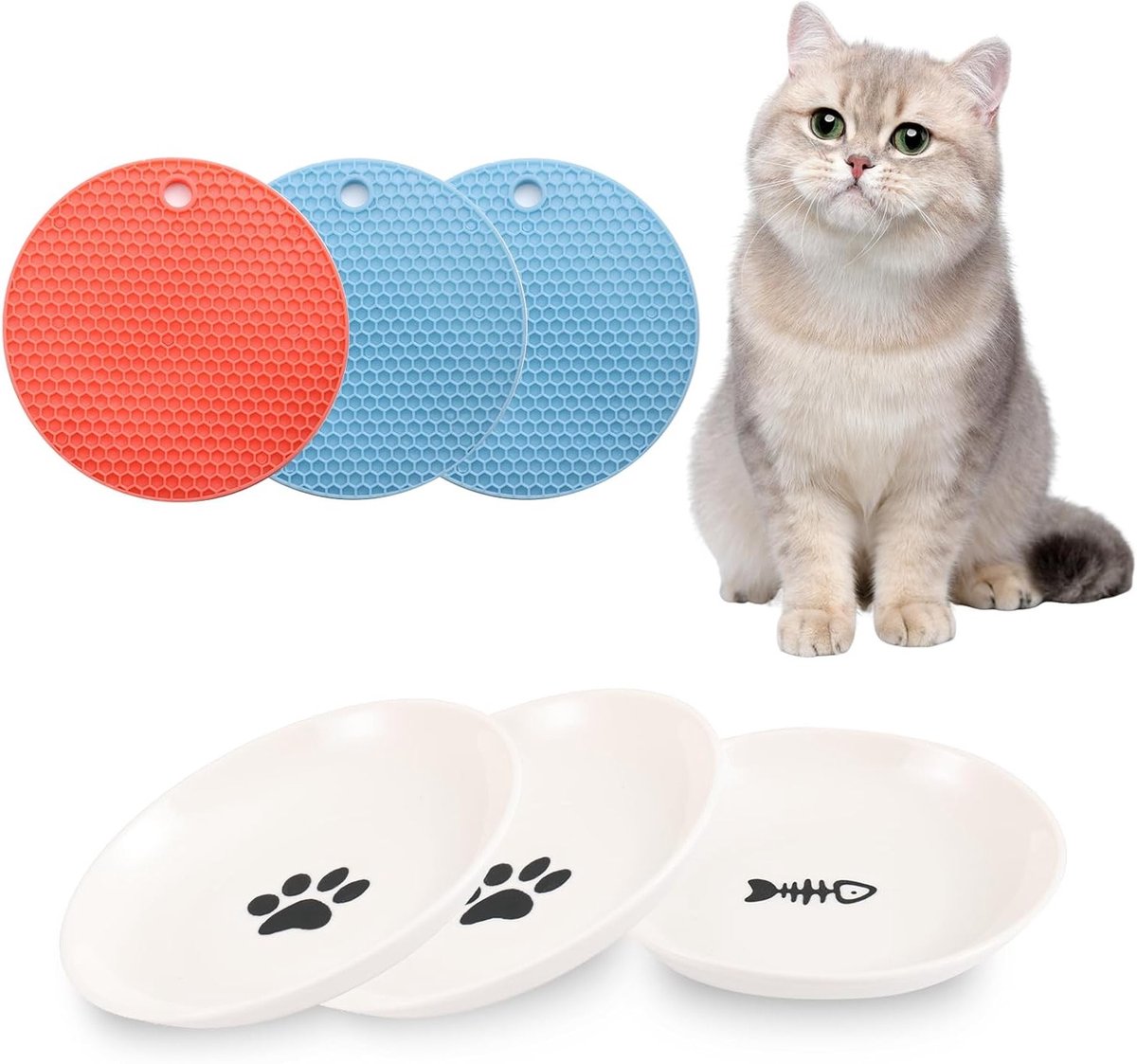 Set van 3 Keramische Kattenvoeders met 2 Antislip Matten - Breed en Plat Voerplateau voor Katten en Kleine Honden, Whisker Friendly en Makkelijk Schoon te Maken