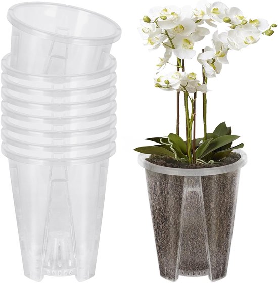 8 Stuks Orchidee Potten van Transparant Plastic met Afvoergaatjes en Schotels - 10 cm, Ideaal voor Orchideeën en Plantenverzorging