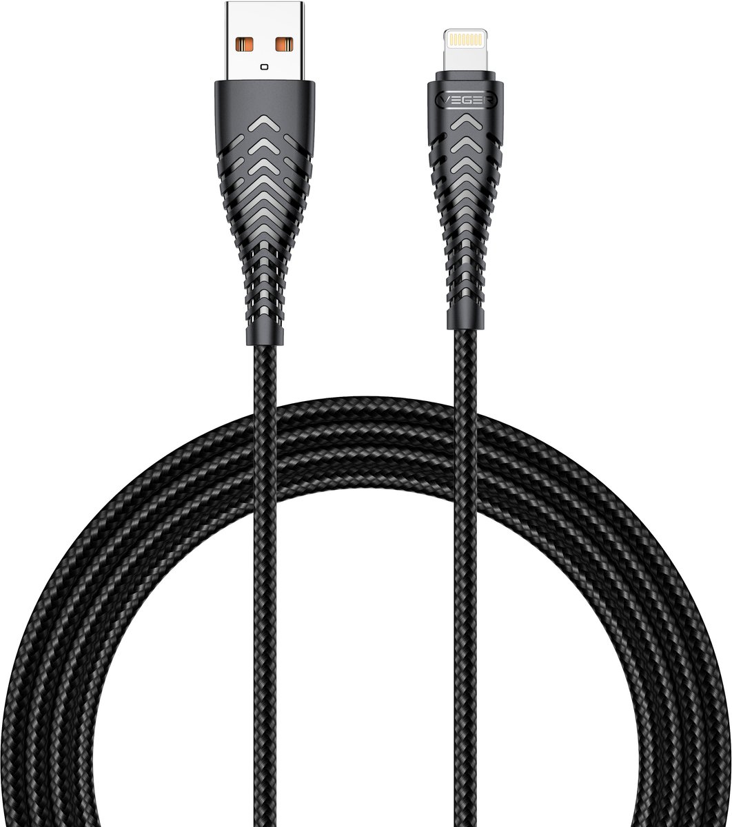 VEGER CABLE USB-A/LIGHTNING 2.0 1.2M zwart USB-kabel USB 2.0 1,2 m USB C USB A Zwart