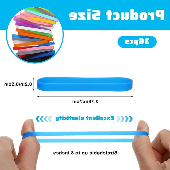 Set van 36 Kleurige Herbruikbare Siliconen Rubber Ringen - Brede Elastische Bands voor Kantoor, Thuis en Schoolbenodigdheden — afbeelding 5