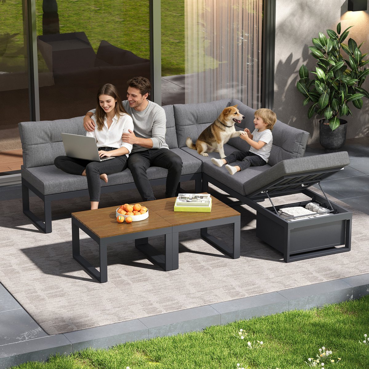 Gutent Loungesets - Multifunctioneel - 3 Standen Verstelbare Rug - Ligfunctie - Dikke Kussens - Opbergruimte - Weerbestendig Polyester - Donkergrijs