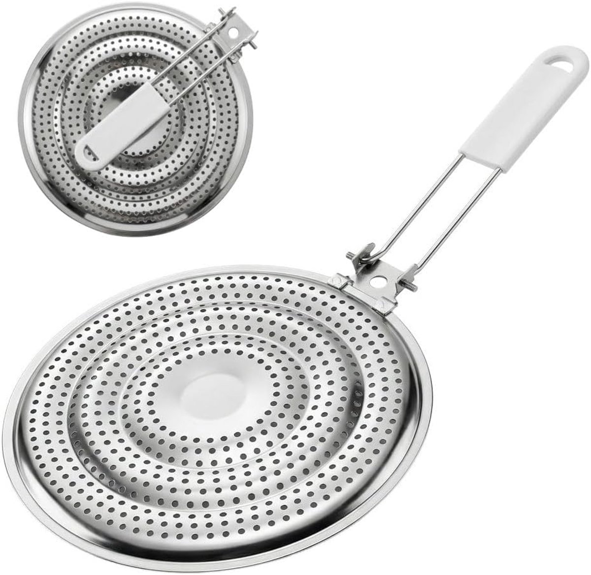 Een hitteverdeler/vlambeschermer voor in de keuken met afneembaar handvat, gemaakt van roestvrij staal, verdeelt de warmte gelijkmatig en voorkomt aanbranden. Geschikt voor gas-, elektrische, keramische en glazen kookplaten. 8,25 inch (21 cm).