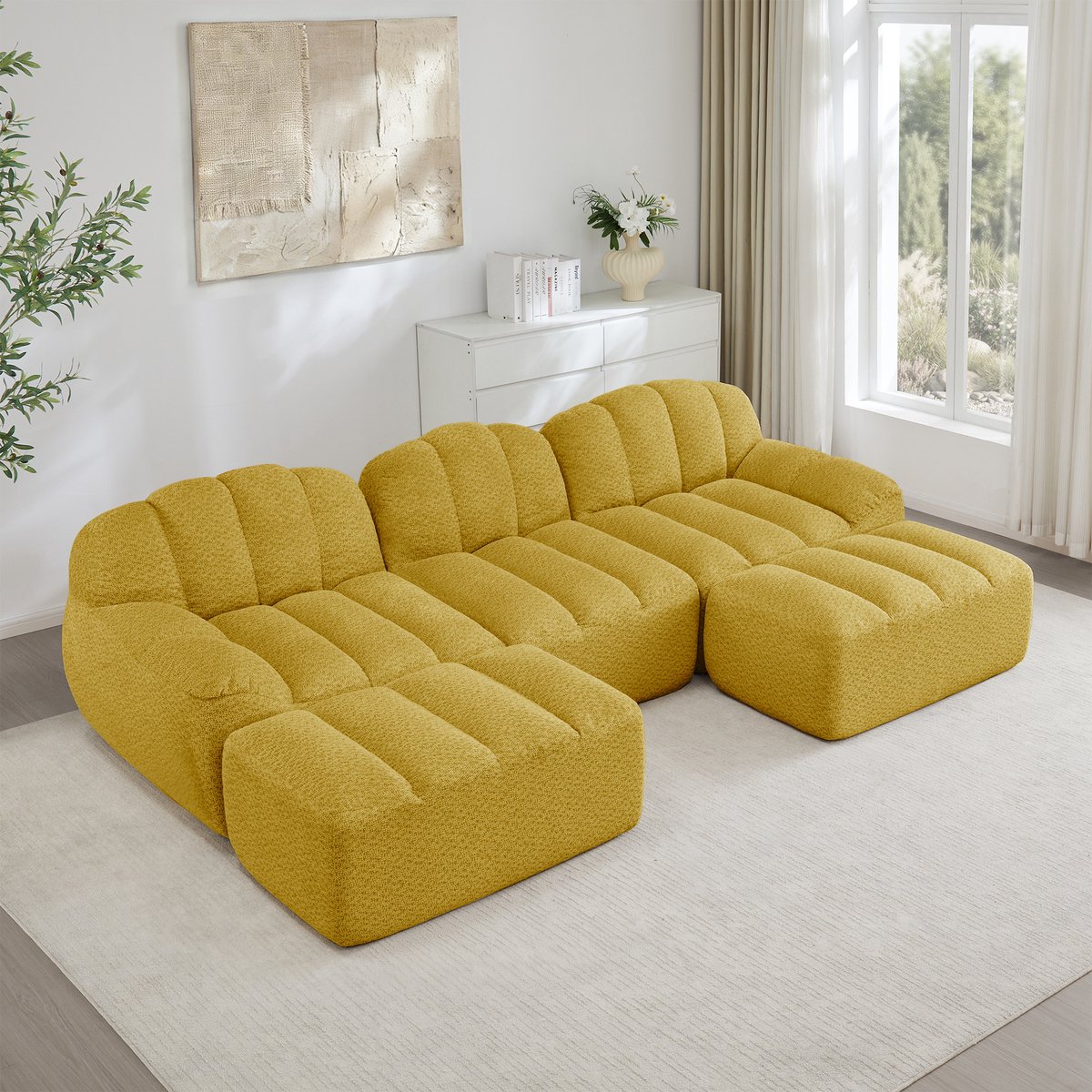 FloraGrace U-Bank 3-Zits - Modulair Met 2 Ottomans En Diepe Zitting - Voor Woonkamer - Gra