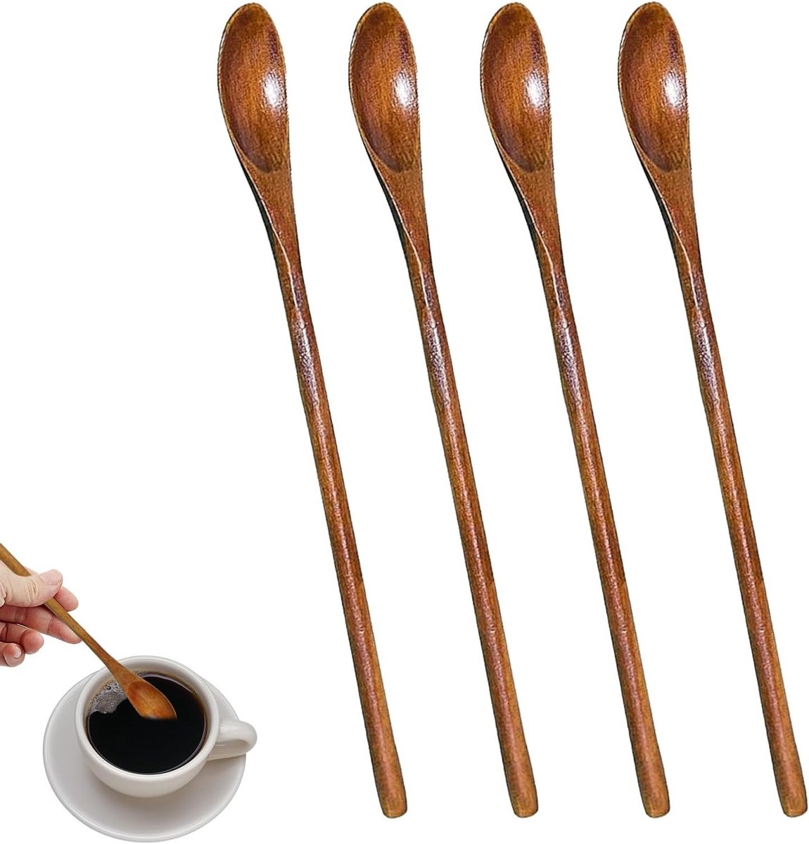Houten Lepels met Lange Handgreep voor Honing, Koffie en Thee - Set van 4 Stuks