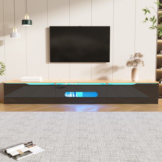 Zwart hoogglans tv-meubel met houten bovenblad en blauwe led-verlichting onder de kleppen.