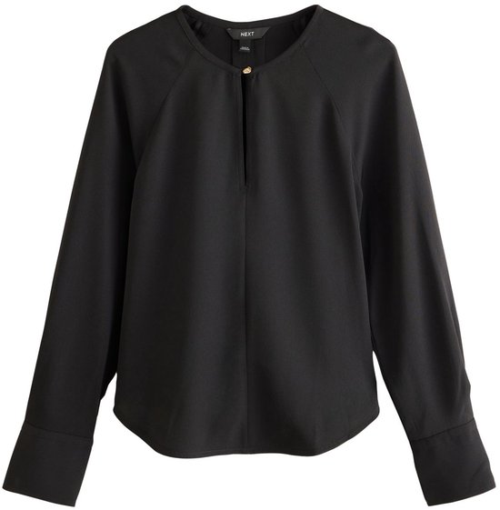 Zwarte overhead blouse met lange mouwen en gouden knoop.