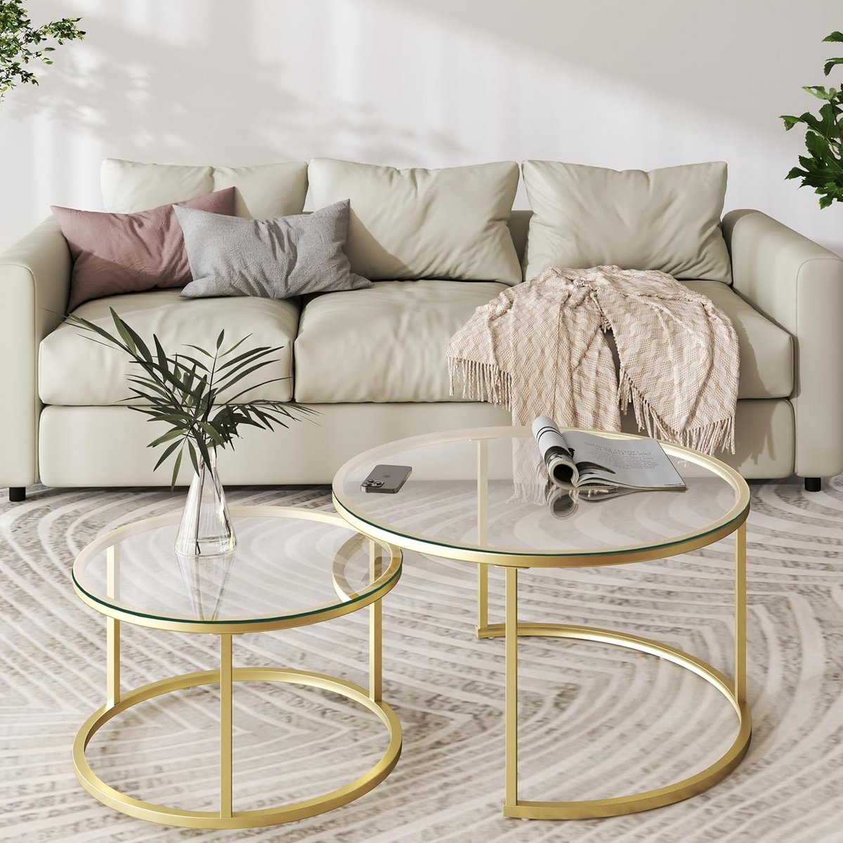 Salontafel Set - Bijzettafels Rond - Woonkamer Inrichten - Gehard Glas - 80 x 45 cm - Goud