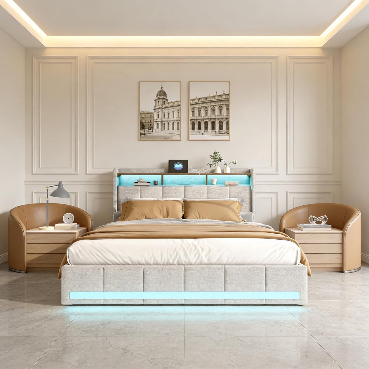 Luxe Opbergbed 140x200 met Lattenbodem en LED Verlichting | Tweepersoons Boxspring Beige