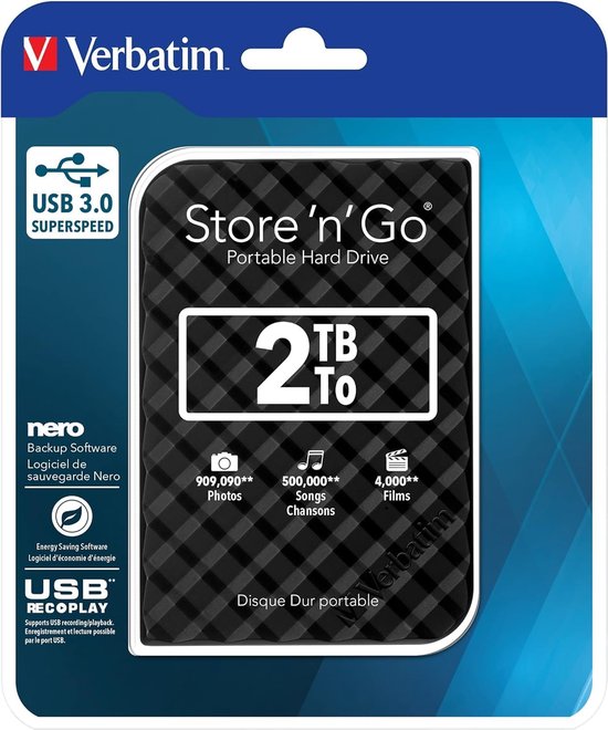 Externe harde schijf - Draagbare opslag - Bestanden opslaan - Snelle USB 3.0 - 2 TB - Zwart — afbeelding 3