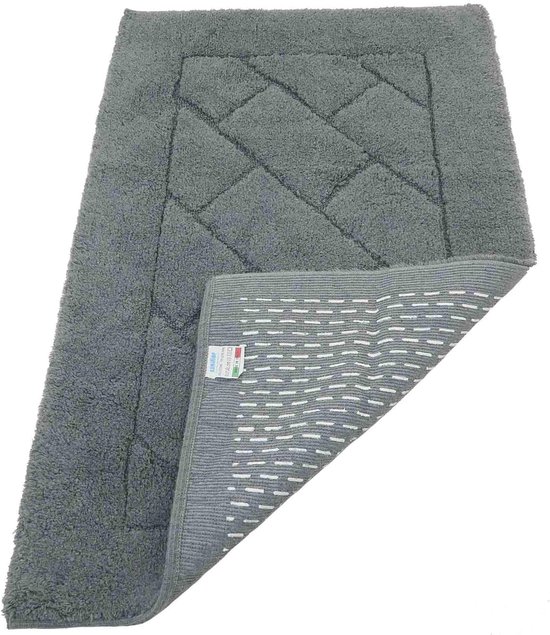 Donkergrijze badmat met geruit patroon en antislip onderkant.