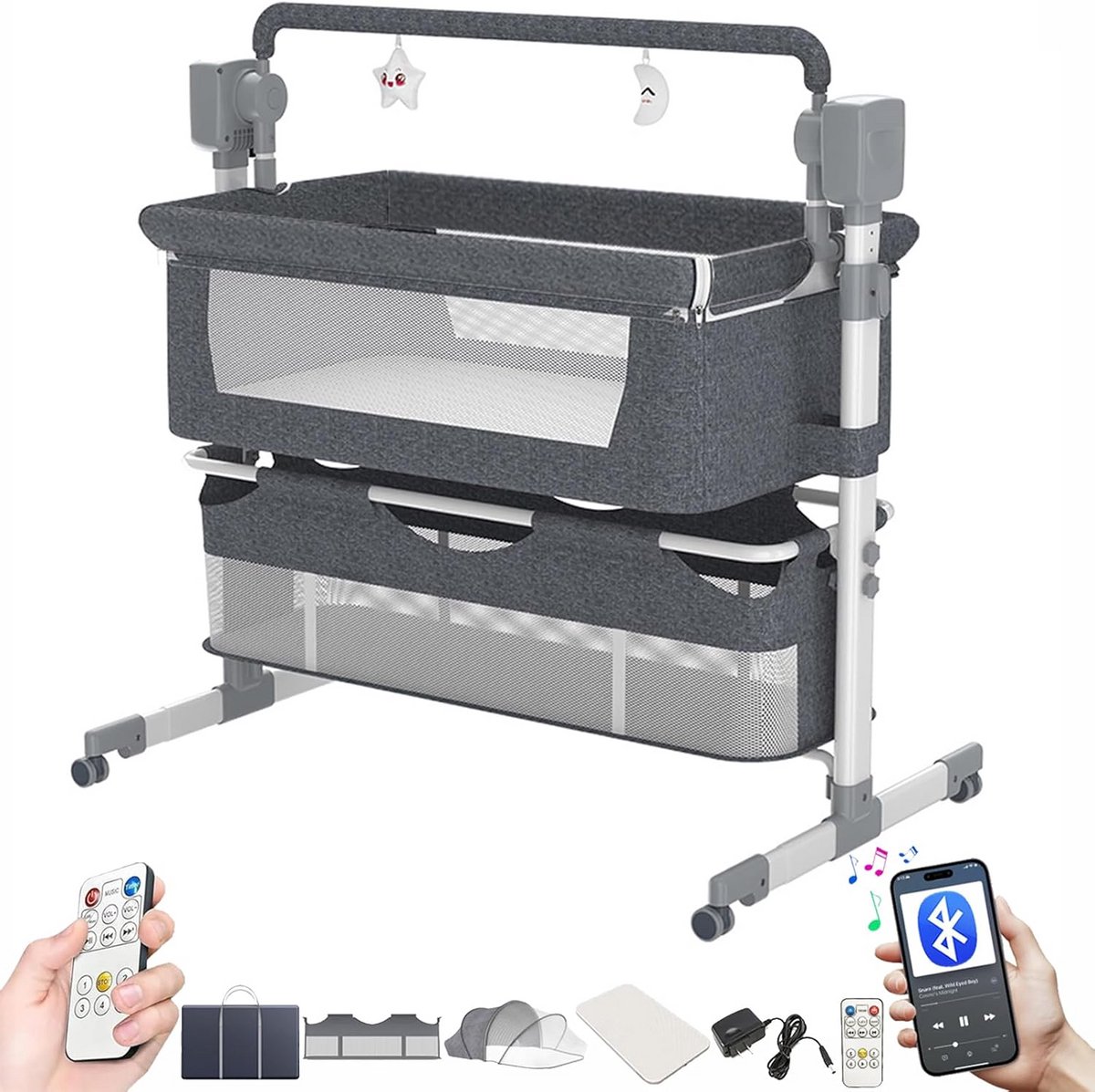 Elektrische Babywieg - Co-sleeping wieg - Rustige slaap - Bluetooth muziekspeler - 106 x 80 x 62 cm - Grijs