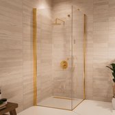 Glazen douchecabine met gouden profielen, een regendouchekop, handdouche en thermostaatkraan.