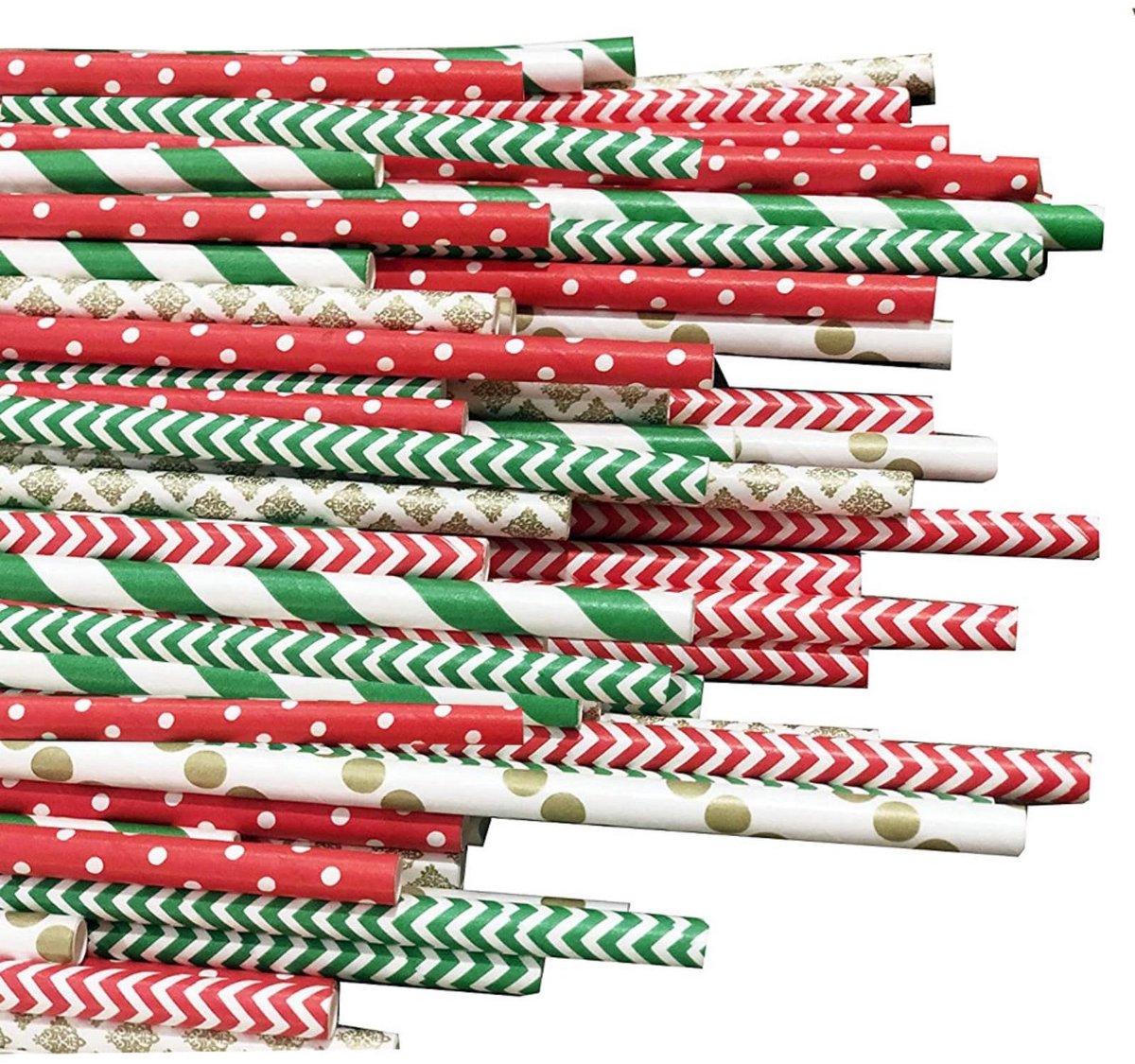 Dailygoods- Kerstdrinkrietjes 100 stuks - Biologisch afbreekbaar - Papieren Rietjes - Feestartikelen - 19,5 cm lang - Milieuvriendelijk - Feestrietjes