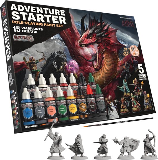 The Army Painter Gamemaster Adventure Starter Paint Set - 15 x 18 ml Warpaints Fanatic acrylverf, incl. een Brush-On Primer, 5 GRATIS miniaturen en 1 penseel - Voor Warhammer & DnD