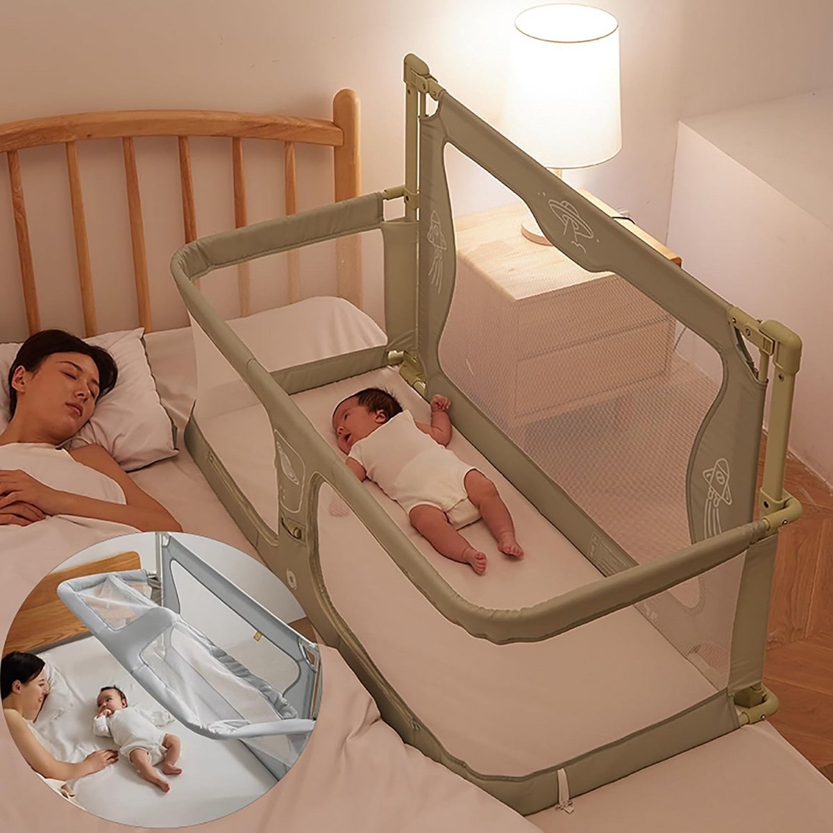 Babywieg Bijzetbed - Opvouwbaar Ledikant - Veilig Co-sleeping - Verstelbare Hoogte - 120x50cm - Grijs