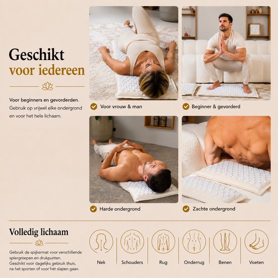 Collage: vrouw en man op spijkermatten, man in meditatiehouding, vrouw op onderrug.