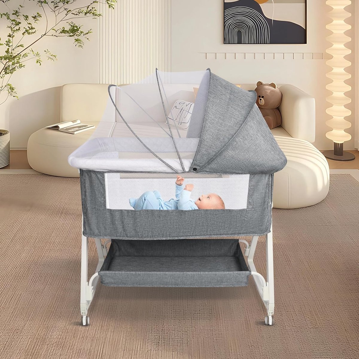 Babybed 3-in-1 - Extra bed - Veilig Slapen - 6-voudig Verstelbaar - 92x52cm - Linnen Grijs